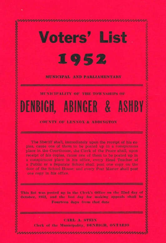 1952 Voter's List Denbigh-Abinger-Ashby